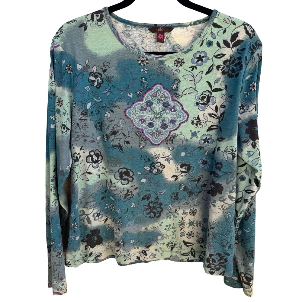 a|c Artistic Floral Bird Beaded Fairy Gypsy Cotton Shirt Boho Whimsigoth Teal L